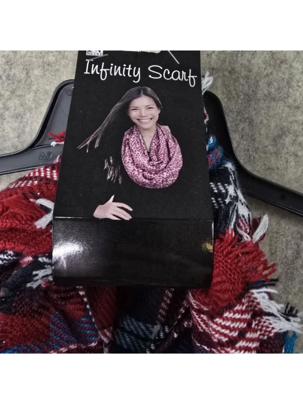 Nicole Infinity Scarf Plaid 100% Acrylic Red & Blue Soft Lightweight